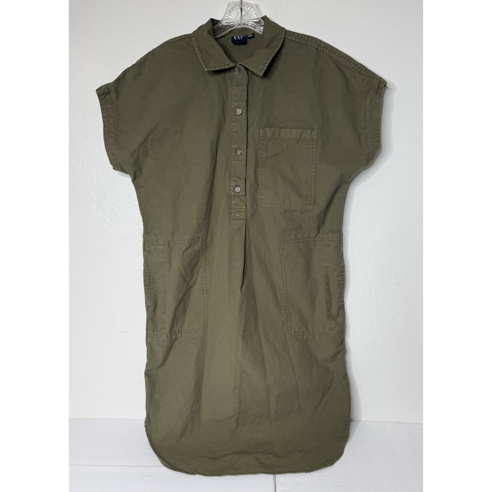 GAP Utility Popover Dress Women Sz Small Army Green Button Front Minimal Hipster